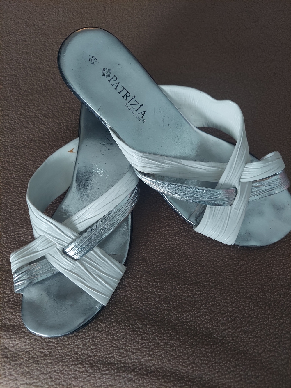 Patrizia White and Silver Crisscross Slide Sandals